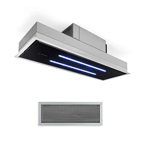 Klarstein High Line Campana extractora de techo - Campana bajo mueble o encastrable, Marco ancho 90 cm, Vidrio satinado, 75 W, 3 niveles potencia, Potencia extracción 410 m³/h, 2 luces led 4 W, Negro