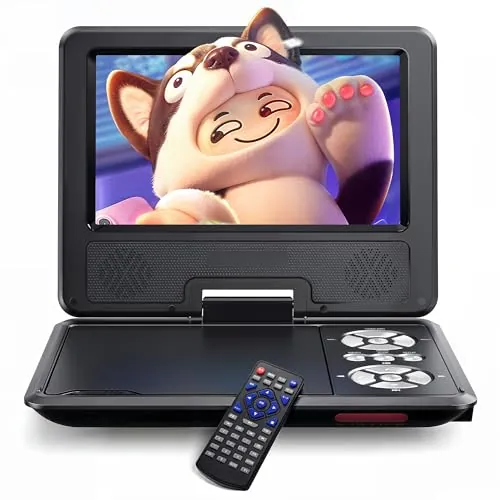 WOLFANG Reproductor de DVD Portátil de 9,5 Pulgadas para Niños en el Coche con Pantalla HD Giratoria de 7,5 Pulgadas, Altavoces Estéreo, 6h de Autonomía, Soporte de Sincronización