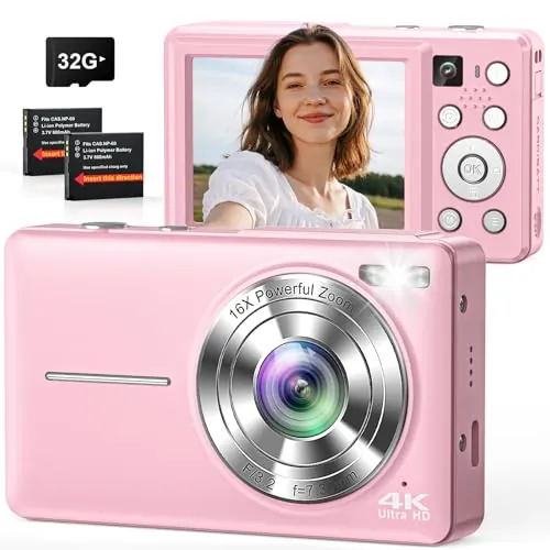 Cámara Digital 4K 64MP, Doble cámara con Enfoque automático, Flash, Zoom 16X, estabilización, Tarjeta de 32 GB, Cámara de Fotos compacta para niños, Adolescentes, Adultos y Principiantes - Rosa
