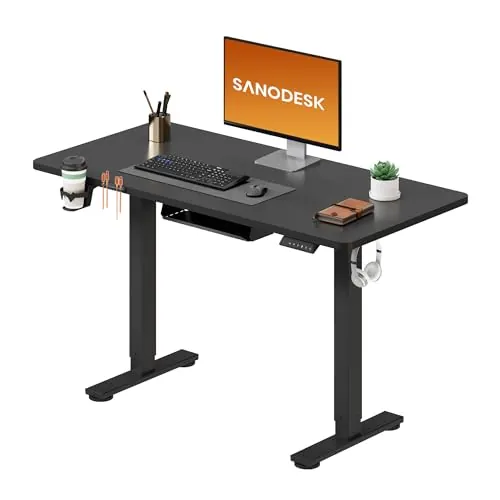 SANODESK Escritorio Elevable Eléctrico 110x54cm con Tablero Completo, Mesa Ajustable en Altura con Sistema Anticolisión, Función de Memoria de 4 Alturas con Gancho y Caja de Almacenamiento, Negro