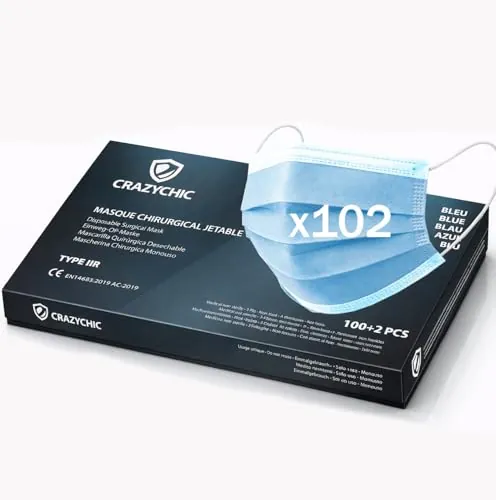 CRAZYCHIC - x102 Mascarilla Quirúrgica Tipo IIR Azul - Certificada CE EN14683 - Mascarilla Médica Desechable 3 Capas Alta Filtración BFE>99% - Hipoalergénico - Paquete 102 unidades