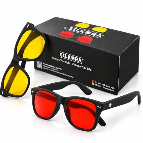SILKORA ® | Pack 2 Gafas Luz Azul | Amarillas y Rojas | Filtro de Luz Azul | Bienestar para tu Día y Noche | Reduce la Fatiga Visual | Regula el Sistema Nervioso | Ordenador, Gaming y Descanso