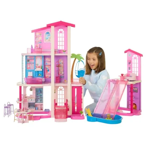 Barbie Dreamhouse Casa de Muñecas | 2 piscinas, 2 toboganes, ascensor, 9 áreas de juego, 2 casas, 65+ piezas con muebles y accesorios, JKG84