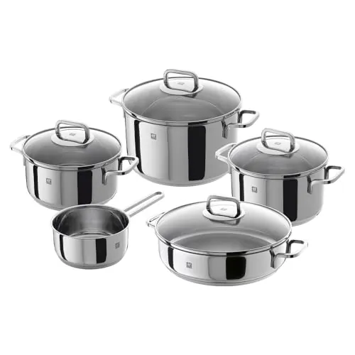 ZWILLING Quadro Juego de ollas de 5 piezas, inducción, acero inoxidable | Tapas de vidrio, asas ergonómicas, borde vertedor, escala interior