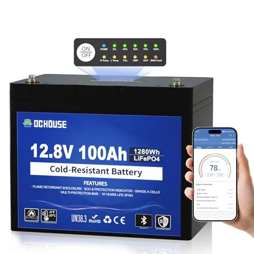 DCHOUSE Batería LiFePO4 12V 100Ah con Bluetooth y Protección contra Baja Temperatura, Pantalla SOC, Descarga hasta -20°C, BMS Integrado, ≥95% Capacidad en Invierno, para RV, Solar, Barco y Camping