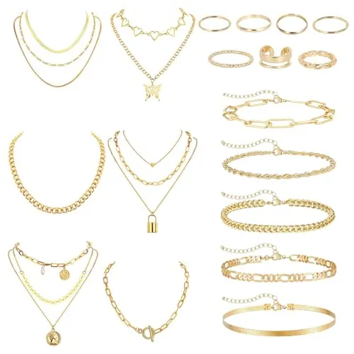 TYXHXTF Joyas de Mujer - Set de 18 Piezas: Brazalete Dorado, Cadena y Collar Oro, Gargantilla y Choker Dorado, Bisutería, Joyería y Colgante para Mujeres, Oro