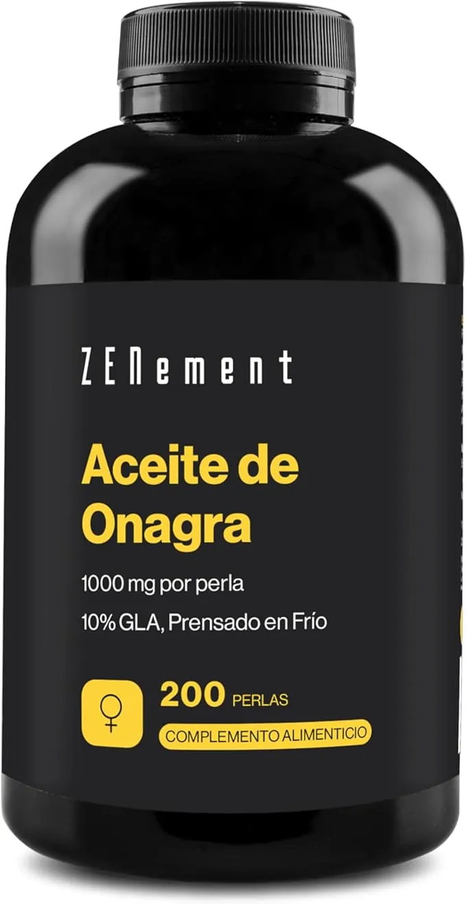 Aceite de Onagra 1000 mg, 10% GLA, Prensado en Frío, con Vitamina E Natural - Fuente Natural de Omega 6, Apoyo Femenino y Equilibrio Diario, 200 Cápsulas Blandas - Zenement