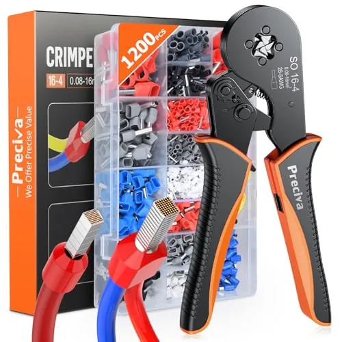 Crimpadora Alicates de Terminales, Preciva 0,08-16 mm2, con 1200 casquillos de doble extremo y de un solo extremo, adecuado para bricolaje y uso industrial terminales eléctricos