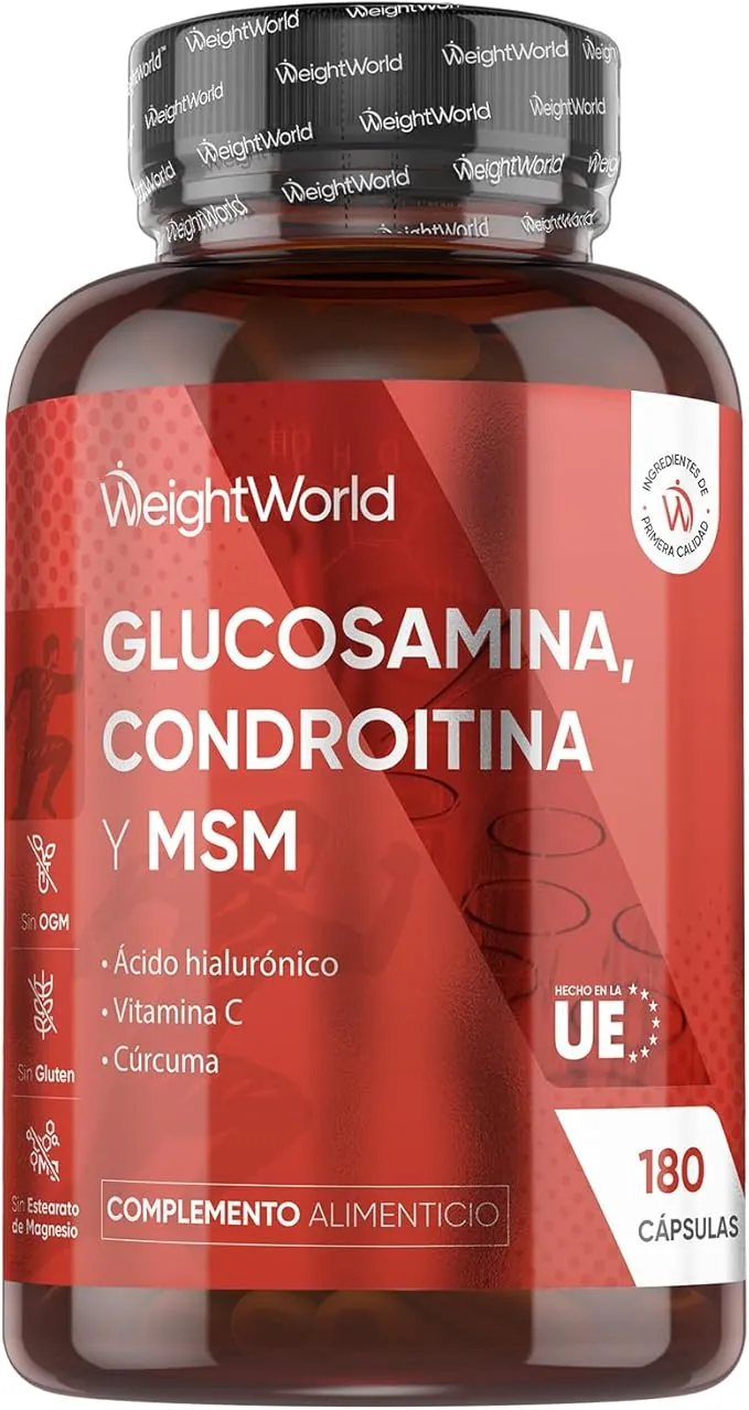 Glucosamina, Condroitina y MSM - 180 Cápsulas - 6 Meses de Suministro - Complejo Complementado con Ácido Hialurónico, Vit C y Cúrcuma en Polvo - Sin OGM ni Gluten