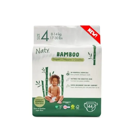 Naty Bamboo - Pañales de viscosa de bambú – suavidad sedosa, pañales de origen vegetal, dermatológicamente testados para piel sensible y súper absorbentes (talla 4, 144 unidades)
