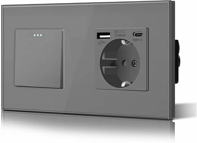 BSEED Interruptor Conmutador y Enchufe USB C,Basculante Con Luz de Orientación,Marco de Cristal,Fácil Instalación,Fáciles de Limpiar,1 Gang 2 Vía Con Enchufe USB/Tipo C,157mm Gris