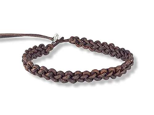 LuZ ITALY Pulsera de hombre en cuero crudo tejido a mano - Ajustable - Marrón oscuro