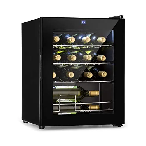 KLARSTEIN Shiraz Vinoteca Negro – 16 Botellas, 42 L, 1 Zona | Nevera para Vinos de Libre Instalación, Puerta de Cristal, Silenciosa, 5–18 °C, LED, Marco Inox