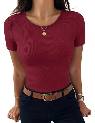 Aottori Camiseta de Mujer Manga Corta Acanalado Elástico con Cuello Redondo