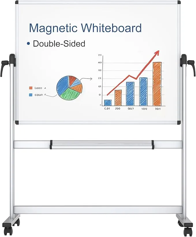 VIZ-PRO Pizarra blanca móvil magnética de doble cara 120x90 cm, con ruedas y marco de aluminio, para oficina y aula