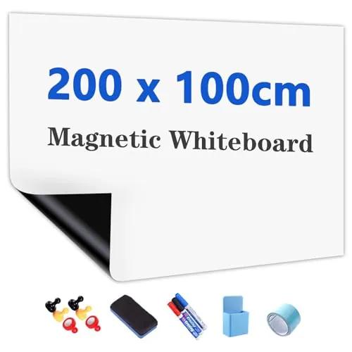 JOMUSAGA Rollo de Pizarra Blanca Magnética, 200 x 100 cm, Papel Pizarra Adhesiva para Pared, Whiteboard adecuado para Escuela, Familia y Oficina, con Rotuladores, Borrador e Imanes
