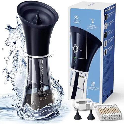 KAUGIC Limpiador Eléctrico de Oídos con Doble Depósito – Sensor Inteligente de Temperatura, Impermeable IPX7, 4 Modos de Presión de Agua, con Bastoncillos de Algodón – Para Adultos, Negro