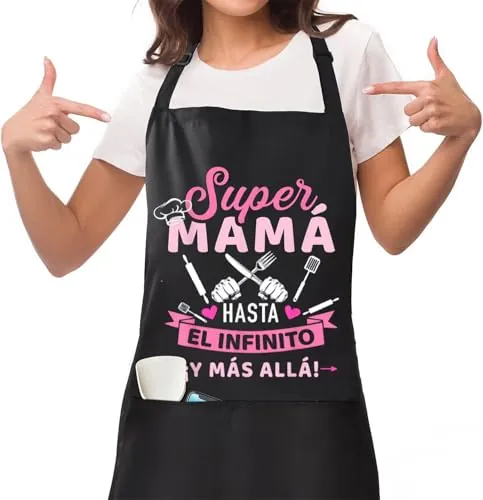 Jbniuay Delantal de Mamá Negro para Cocina - Chef Impermeable con 3 Bolsillos - Regalo para el Día de la Madre/Esposa