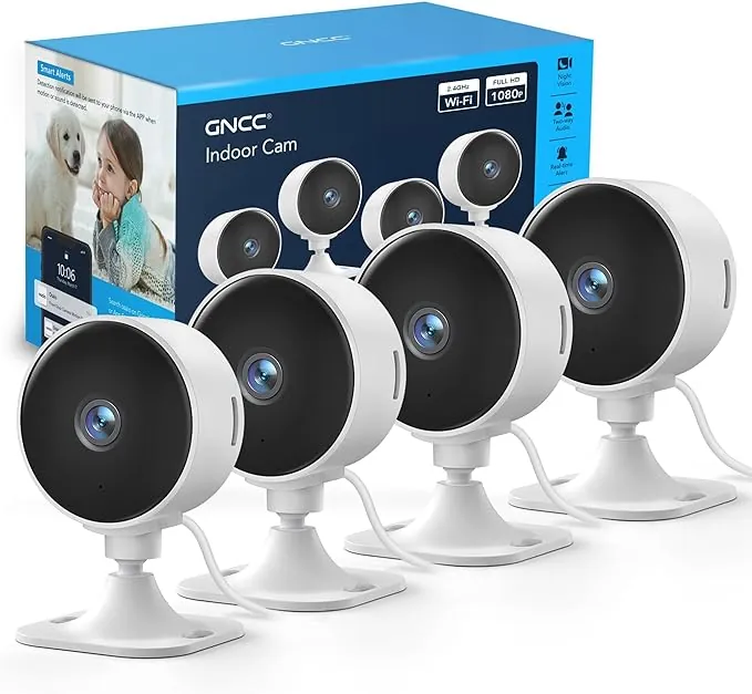 GNCC GC3 Pack 4 Camaras Vigilancia Domicilio WiFi 1080P, Fijas, Monitor Bebés/Mascotas, Fácil Instalación, Detección de Movimiento, Nube y Almacenamiento SD, Se Requiere Suscripción, 2.4GHz, Plug-in