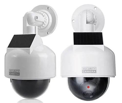 O&W Security 2 cámaras ficticias Speed Dome Solar cámara falsa con lente falsa y luz LED roja impermeable para interior y exterior