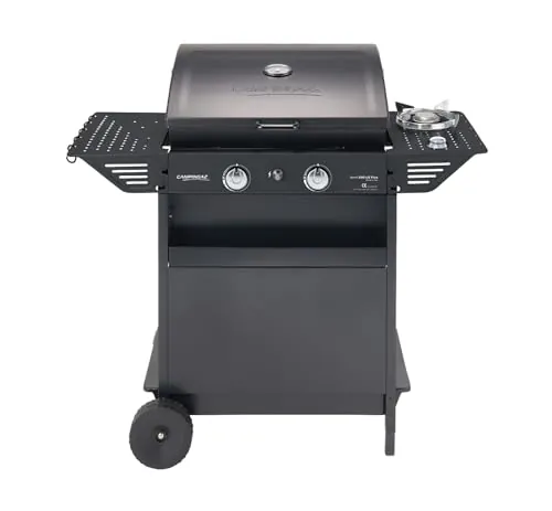 Campingaz Xpert 200 LS Plus Rocky Barbacoa de gas con piedra volcánica | Carro BBQ con 2 quemadores y 1 quemador lateral | Tapa con termómetro | Potencia 8,2 kW + 2,1 kW lateral
