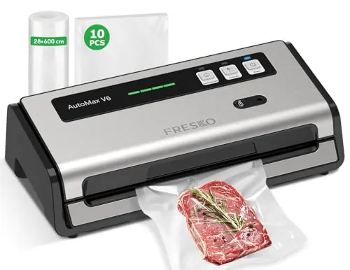 FRESKO Envasadora al Vacio Automática, 140 W, Sellado Térmico Ensanchado, Cortador y Soporte Para Bolsas Integrados, Modo Húmedo Y Seco, Operación con una Sola Mano (Automax V6)