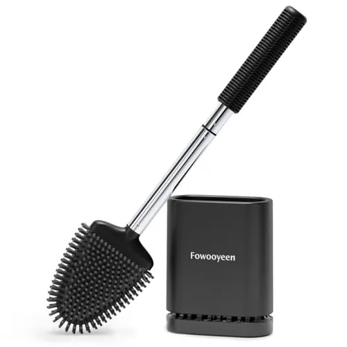 Fowooyen Escobillas de Baño Silicona, Plana con Mango de Acero INOX, Negro