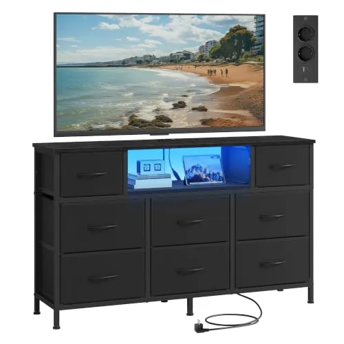 SONGMICS Cómoda, Mueble TV con 8 Cajones de Tela, Luces LED y Enchufes | 113,8 x 30 x 68,1 cm, para Dormitorio y Salón, Negro Tinta, Colección BELLAH LGS433BH02