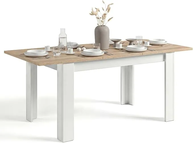 duehome | Mesa de Comedor Extensible, Mesa Rectangular, Modelo Sira, Acabado en Blanco Artik y Roble Canadian, Medidas: 123-173 cm (Largo) x 75 cm (Ancho) x 78 cm (Alto)