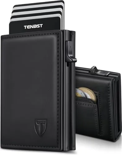 TENBST Cartera Hombre de Cuero, Cartera Tarjetero Hombre pequeño para Crédito, Tarjetero con Bloqueo RFID, Billetes y Monedas con Caja de Regalo