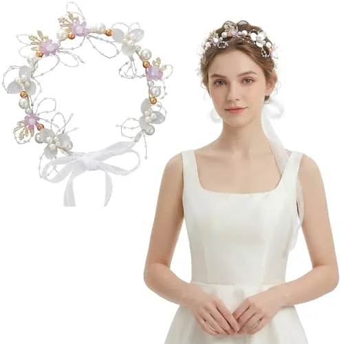 BDEPSTR Corona de Flores Morada para Niña, Diadema Floral Hecha a Mano para Primera Comunión, Boda y Bautizo, Tocado de Flores Ajustable para Accesorios de Pelo Infantil Elegante