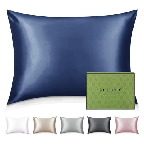 Adubor Funda de Almohada Seda de Morera 100%, Azul Marino, 70x40CM | 22 Momme, 900 Hilos, con Cremallera Oculta, Para Cabello y Piel, Suave y Liso, 1PC