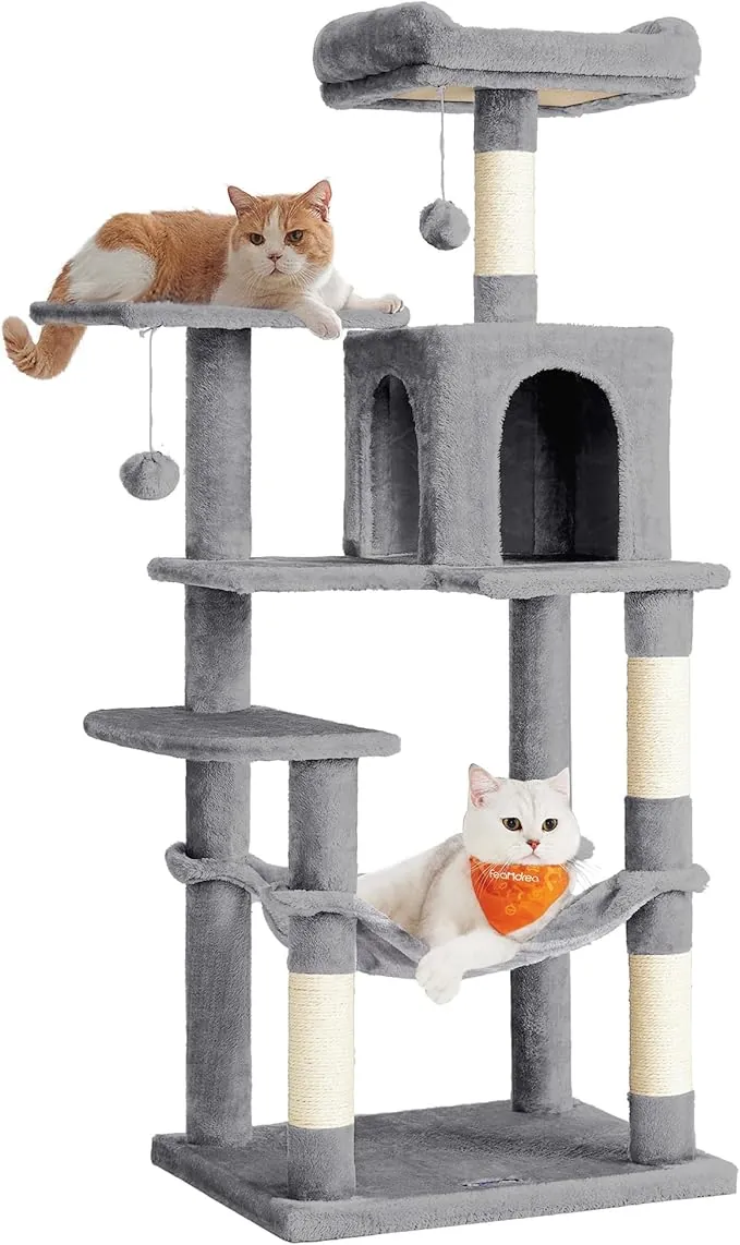Feandrea Árbol para Gatos, Altura 143 cm, Torre de Gatos, con 4 Postes Rascadores, 2 Plataformas, 1 Cueva, 1 Hamaca, 2 Pompones, Tela de Felpa, Multinivel, Gris Claro PCT161W01