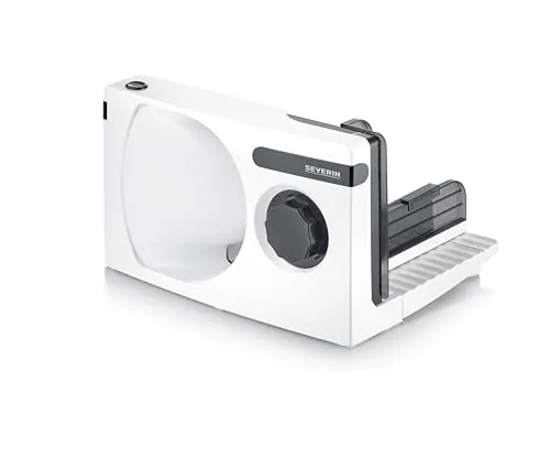 SEVERIN - Cortafiambres eléctrico con corte 0 - 15 mm, cortadora de fiambre apta para carne, pan y queso, máquina para cortar, rebanadora con protector de dedos, Blanco, 100 W, AS 3912