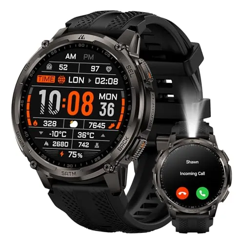 KOSPET Tank T4C Reloj Inteligente Hombre con Linterna LED, Pantalla AMOLED 1,5", GPS Doble Banda y Brújula, Monitoreo de Salud 24/7, Resistente al Agua 5ATM, Compatible con Android y iOS (Negro)