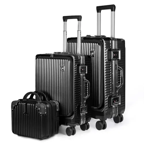 MERCURY TEXTIL-Juego de 3 Maletas de Viaje Cabina, Grande y Neceser de Policarbonato y ABS. Maletas Multifunción con USB, Múltiples Compartimientos con Bolsillo Frontal y Portavasos (Negro)
