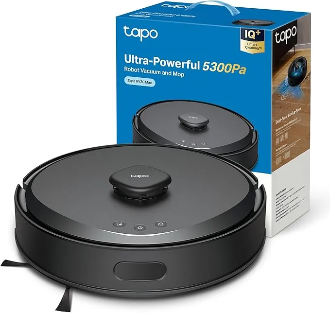 Tapo RV30 MAX - Robot Aspirador con 5300Pa, Doble Navegación LiDAR+IMU, Tasa de Recogida de Polvo Superior al 97%, IQ+ Smart Cleaning, Mapeo 3D, Control por Voz y App,sin Base de autovaciado,Negro