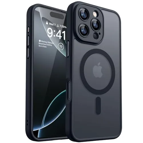 CANSHN Funda Magnética para iPhone 16 Pro(6.3 Pulgadas), Compatible con MagSafe, [Protección Total de La Cámara] Carcasa Fondo Mate Translúcido,Negro