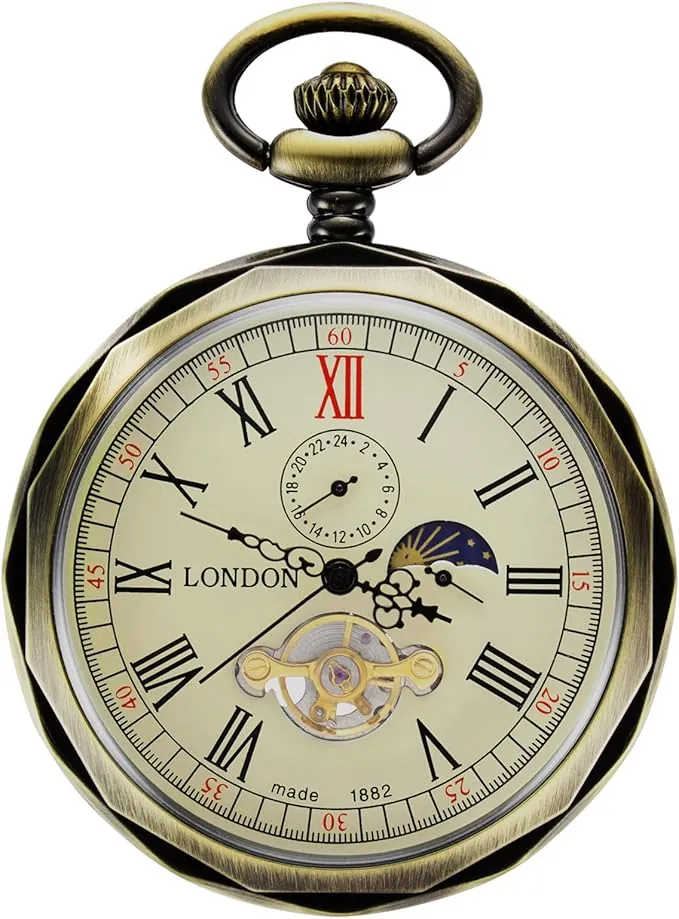 Treeweto - reloj de bolsillo para hombre, con números romanos de bronce, maquinaria al descubierto con cadena, formato 24 horas sol y luna + caja de regalo