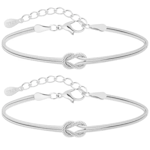 J.Fée 2Pcs Pulsera Mujer Plata 925 Pulsera Para Parejas Pulseras Amistad, Pulseras Mujer Ajustable con Nudo del Amor, Regalo Señora Regalo Amiga Parejas Regalos Dia de la Madre