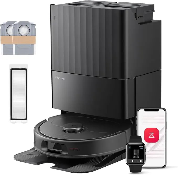 roborock QV 35S Set Robot Aspirador, Succión HyperForce de 10000 Pa con Base Multifuncional, Cepillos Dobles Antienredos, 2 Mopas Giratorias Elevación Automática de 10 mm, Limpiar y secar Auto, Negro