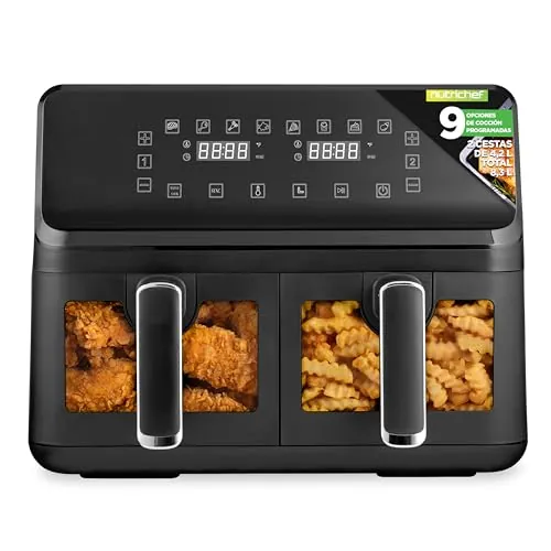 NutriChef Freidora Aire 8.3L Doble Canasta con 9 Modos, Tamaño Familiar | Capacidad de 4.1L cada cubeta, Diseño compacto y eficiente, 9 programas de cocción preestablecidos