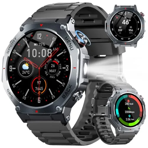 Reloj Inteligente Hombre con GPS, 1.43" AMOLED Militar Smartwatch con Llamadas Bluetooth/Podómetro/Monitoreo de Sueño/Pulsómetro/SpO2, 5ATM smart watch 160+ Deportes Pulsera Actividad para Android iOS