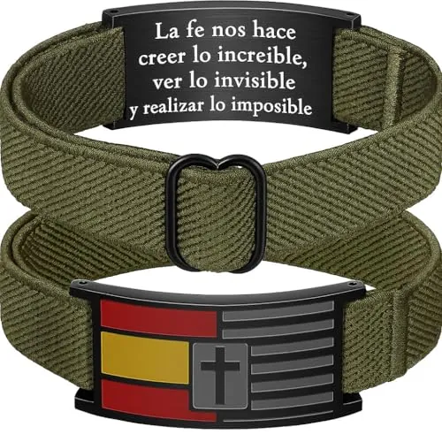 Pulsera España Militar-Pulseras de hombre elásticas con cierre ajustable hasta 25 cm-Brazalete acero inoxidable bandera española y cruz fe cristiana-Regalo personalizado con bolsa(VERDE MILITAR)