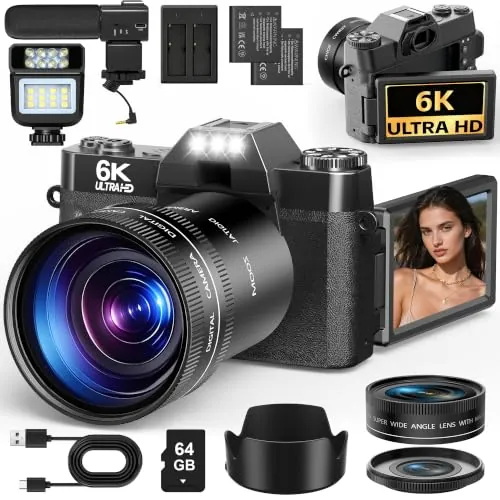 Cámara Digital 6K 64MP con WiFi,Zoom Digital 16X, Lentes Gran Angular/Macro