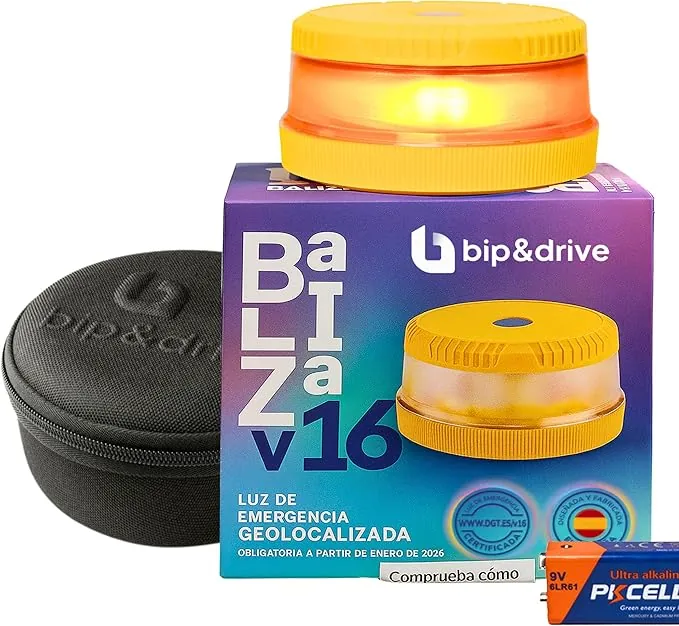 Baliza V16 Homologada DGT con Geolocalización | Luz de Emergencia Coche LED 360° 1km | Conectada DGT 3.0 | Resistente a la Lluvia | Indicador de Batería | Bip&Drive (Baliza + Funda)