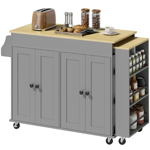 HOMCOM Isla de Cocina con Ruedas, Encimera Extensible, 4 Puertas, Gris | Carro de Cocina, Estantes Ajustables, Estantería Lateral Abierta, Especiero, Soporte para Toallas, para Comedor