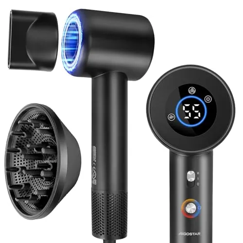 Secador de Pelo iónico con Difusor, Secado Rápido con Pantalla LCD 1600W | 400M Iones & 110.000 RPM | Secado Rápido & Antiencrespamiento | NTC Sin Daños por Calor, para Rizos, 390g & Silencioso 57dB