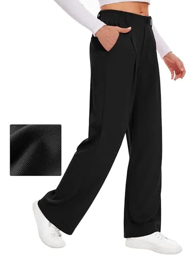 Desol pantalón de vestir de punto gofre, elásticos, cintura alta, pantalón palazzo casuales para mujer, Negro - Medium