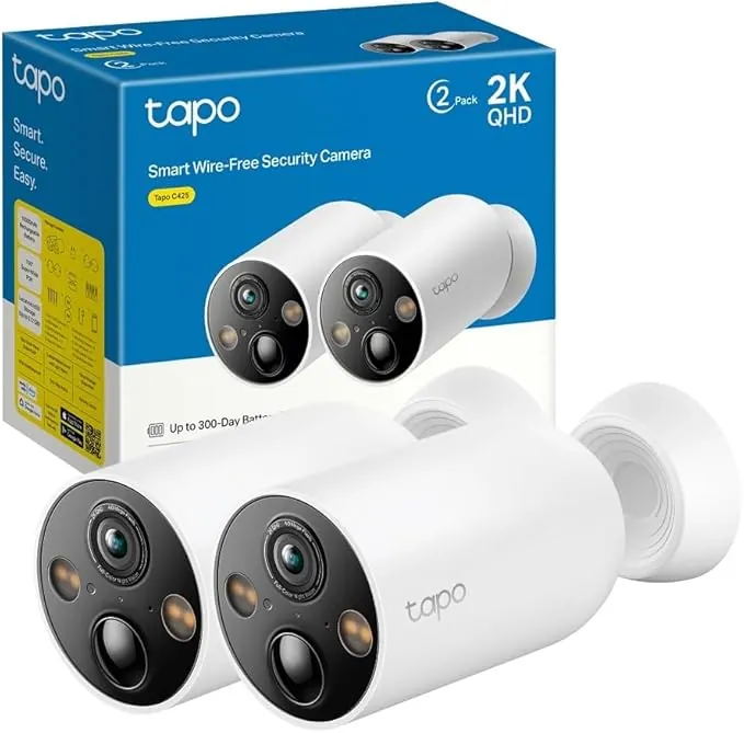 Tapo [2024 Nuevo] C425(2-Pack) - Cámara Wi-Fi de Batería para Exterior/Interior, 2K QHD, 10000mAh, IA Mejorada, Visión Nocturna a Color, Base Magnética, No Requiere Hub, Compatible con Panel Solar